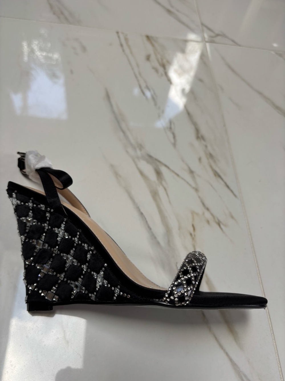 Betsey Johnson Black Crystal Embellished Wedge Sandals- GORGEOUS! - Picture 4 of 4